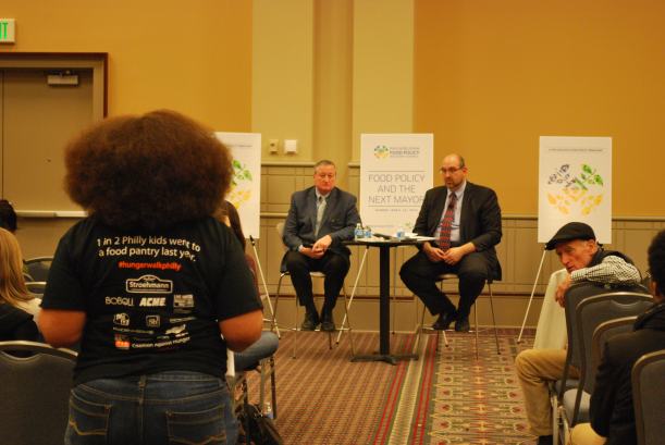 Claire Richardson from the Greater Philadelphia Coalition Against Hunger poses a question to candidate Jim Kenney